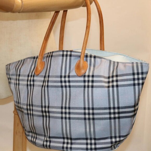 BURBERRY Nova Check Hand Bag Nylon Blue Brown Auth - Picture 1 of 15
